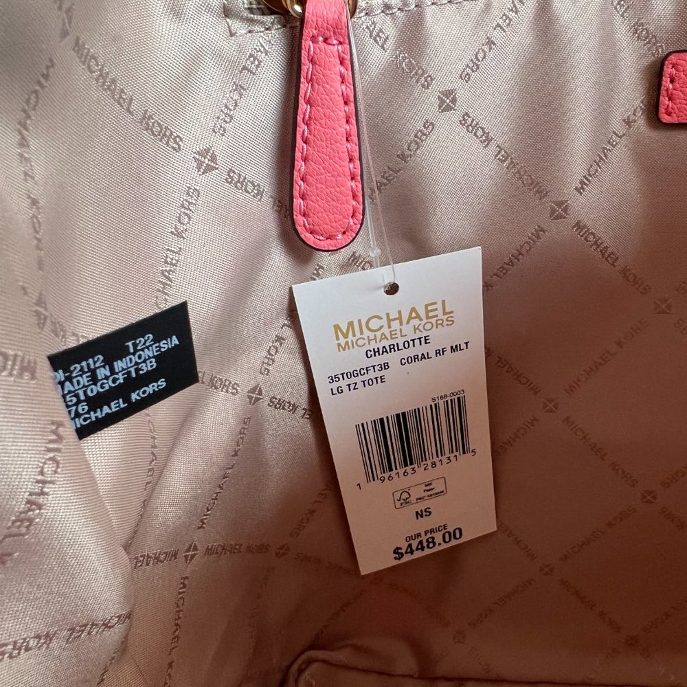 Michael Kors Charlotte Large Top Zip Shoulder Tote Bag MK Coral Reef Multi - Picture 8 of 10